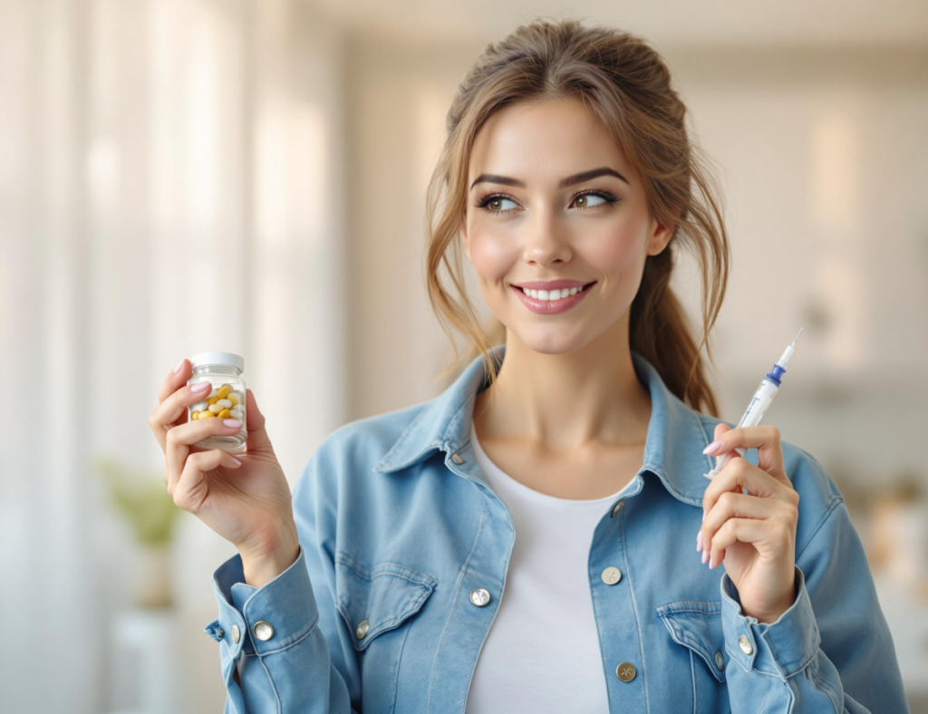 woman in her 30s holding a bottle of Metformin in one hand and Tirzepatide in the other